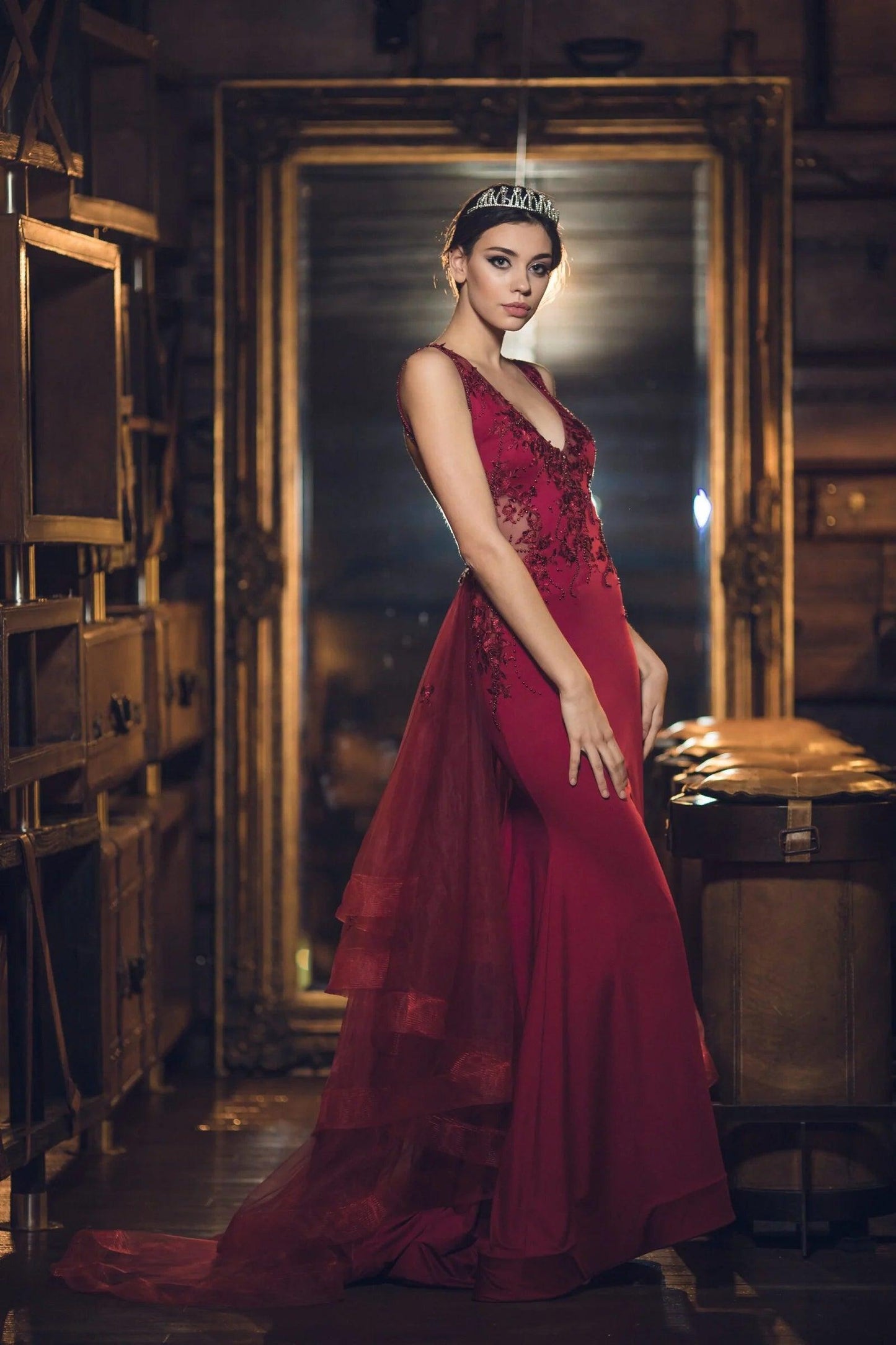 Burgundy Mermaid Open Back Gown - Dresses Dioma