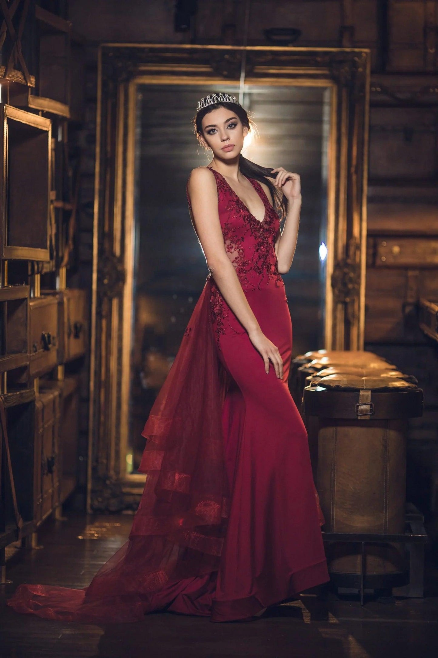 Burgundy Mermaid Open Back Gown - Dresses Dioma