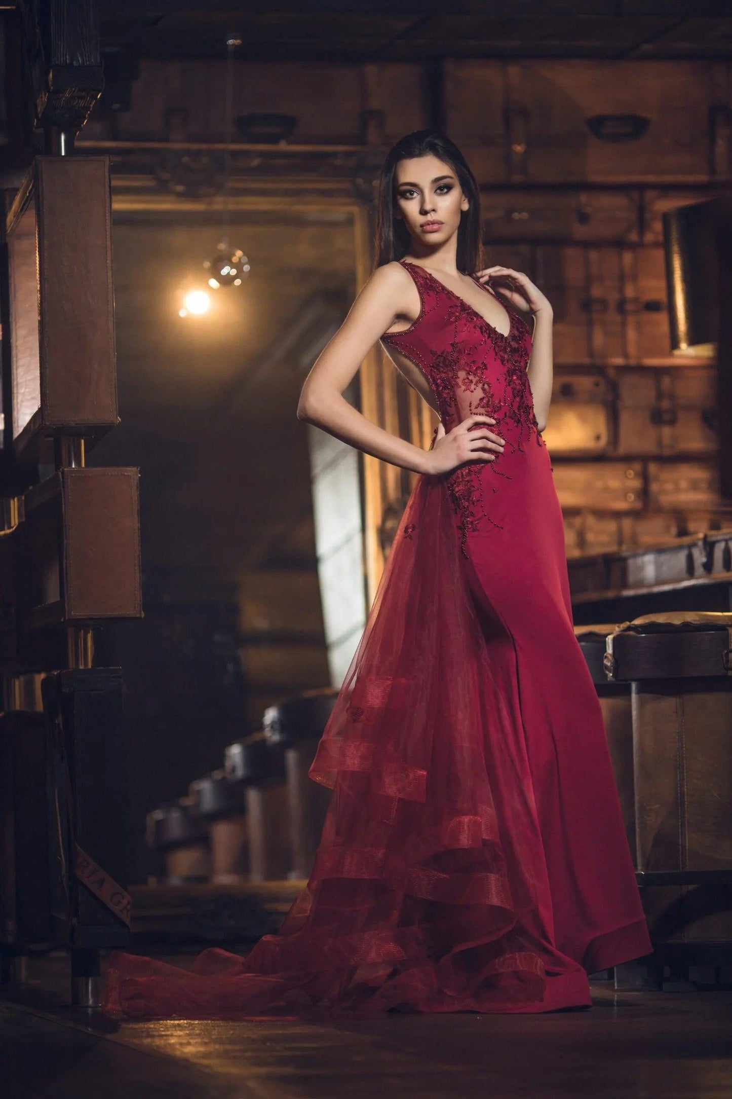 Burgundy Mermaid Open Back Gown - Dresses Dioma