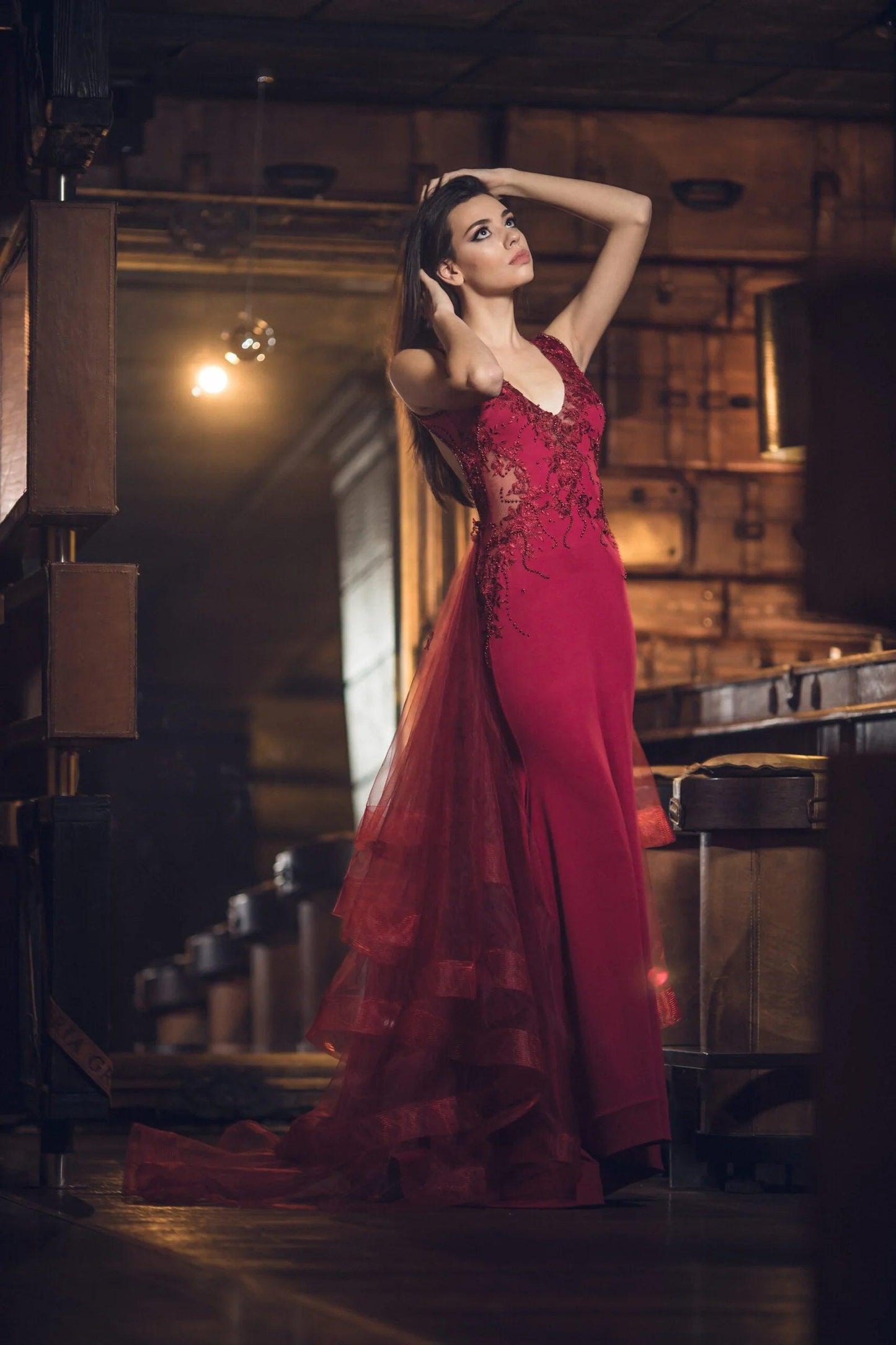Burgundy Mermaid Open Back Gown - Dresses Dioma