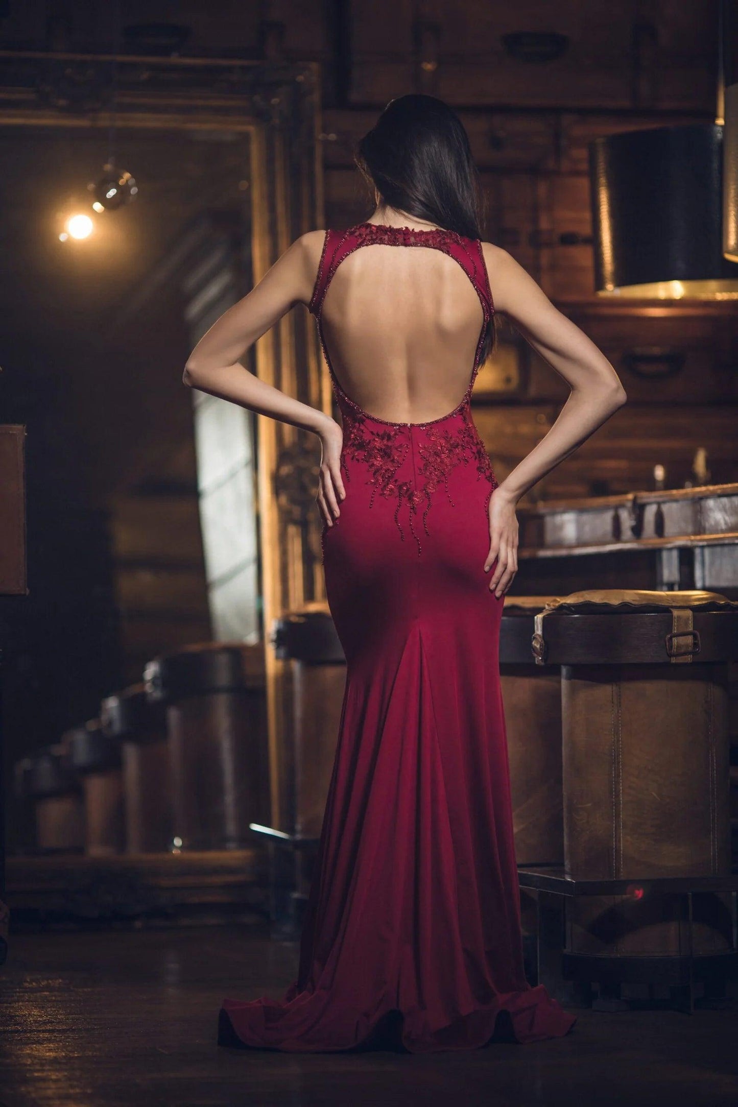 Burgundy Mermaid Open Back Gown - Dresses Dioma