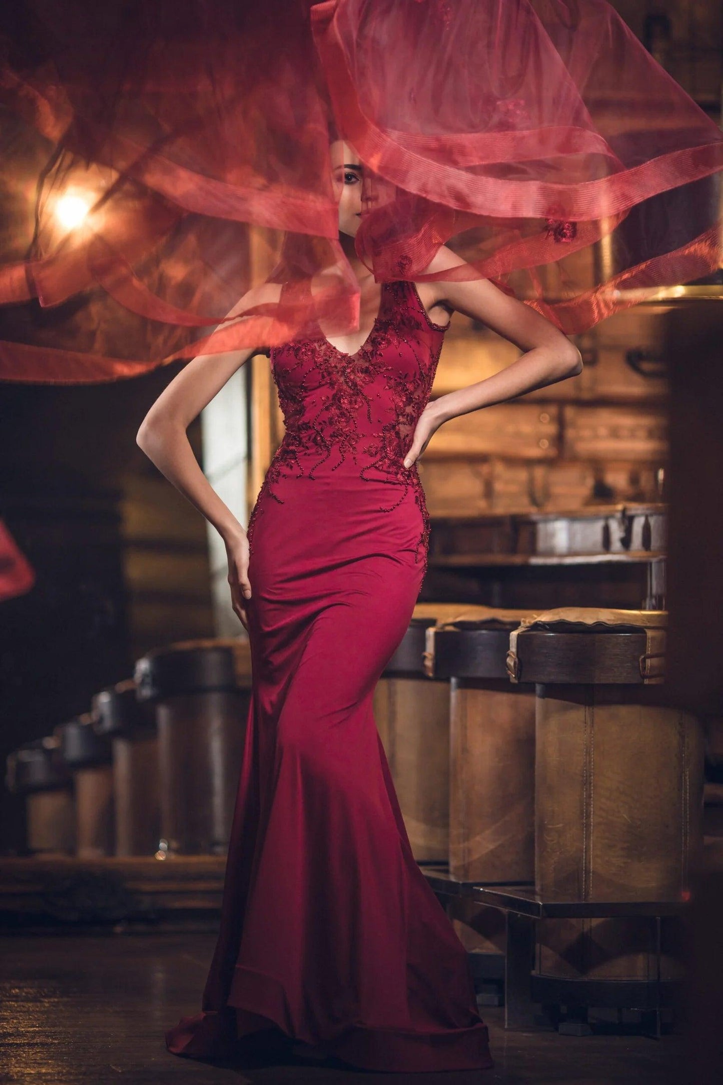 Burgundy Mermaid Open Back Gown - Dresses Dioma