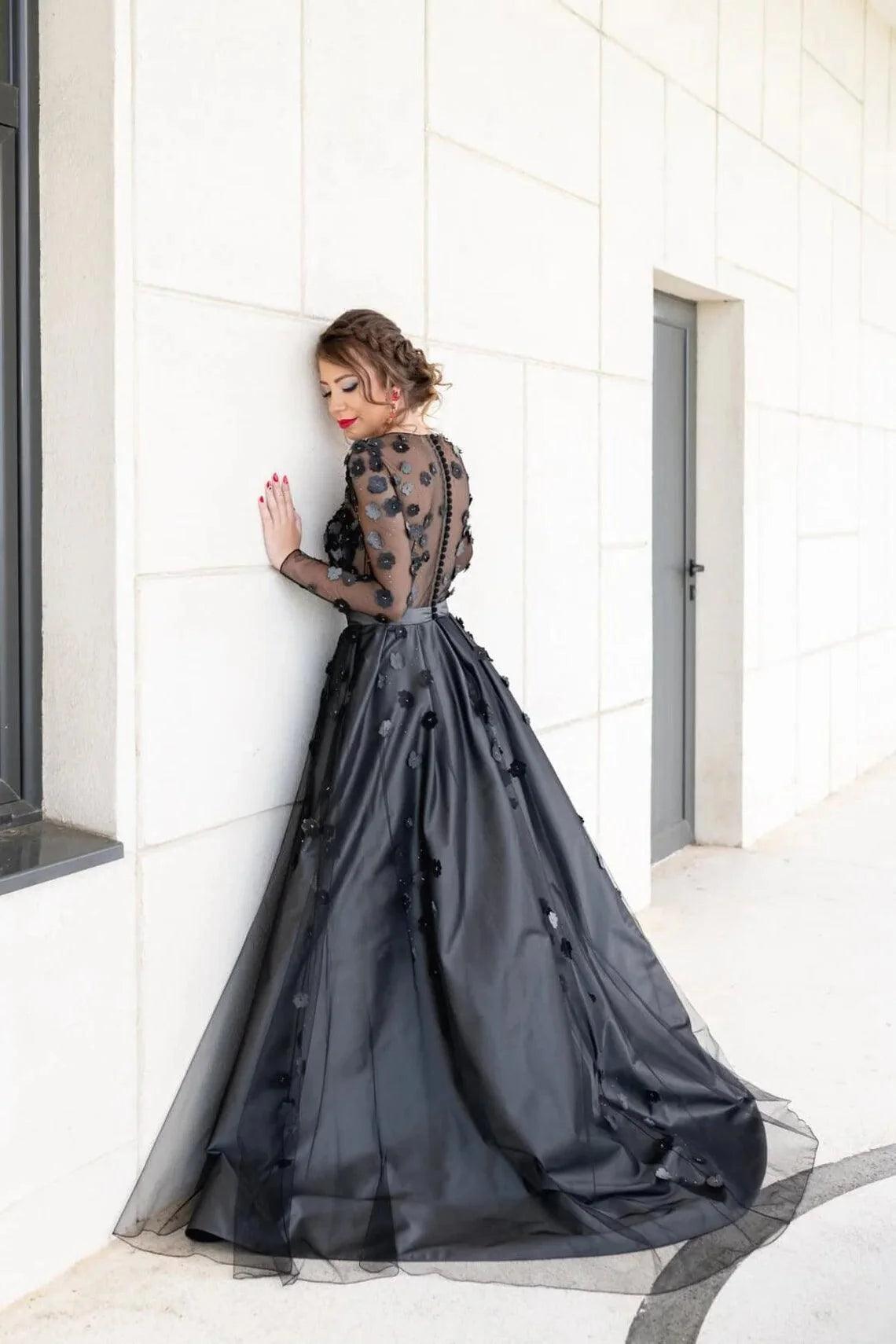 Floral Black Gown A line with Long Sleeves Gothic Wedding Dress Dresses Dioma