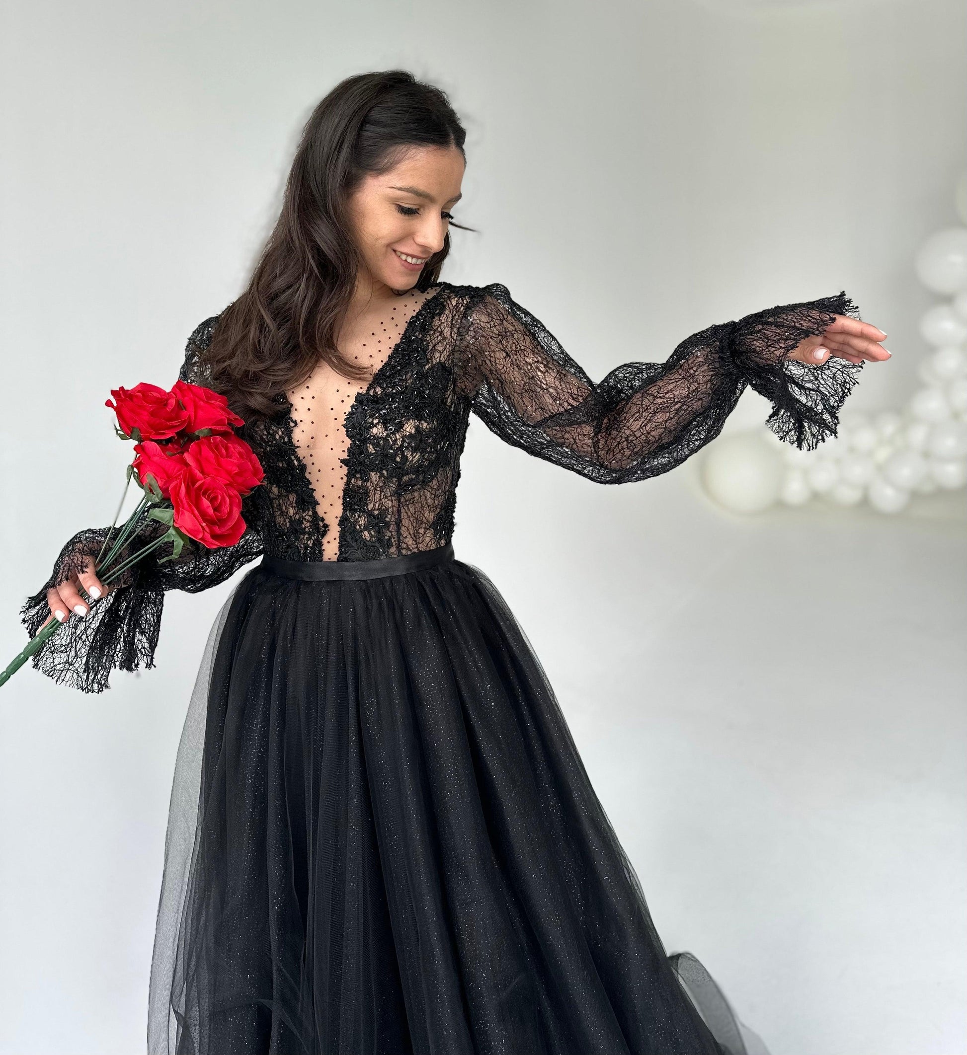 Black Lace Gown with Long Sleeves - In Stock - Dresses Dioma