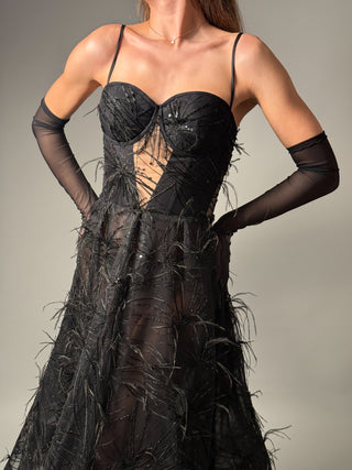 Black Elegant Couture Gown A-Line Midi with Ostrich Feathers - Dresses Dioma