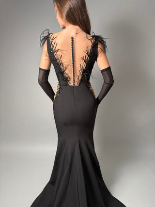 Black Lace Gothic Mermaid Gown with gloves and feathers Mary - Dresses Dioma
