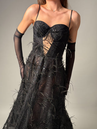 Black Elegant Couture Gown A-Line Midi with Ostrich Feathers - Dresses Dioma