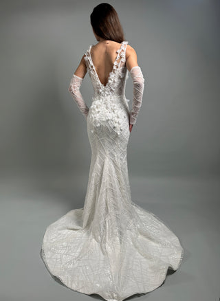 Floral Modern Deep V Mermaid Wedding Gown Open Back - Dresses Dioma