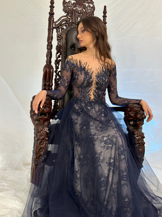 Unique Blue Lace Gown with Long Sleeves - Dresses Dioma