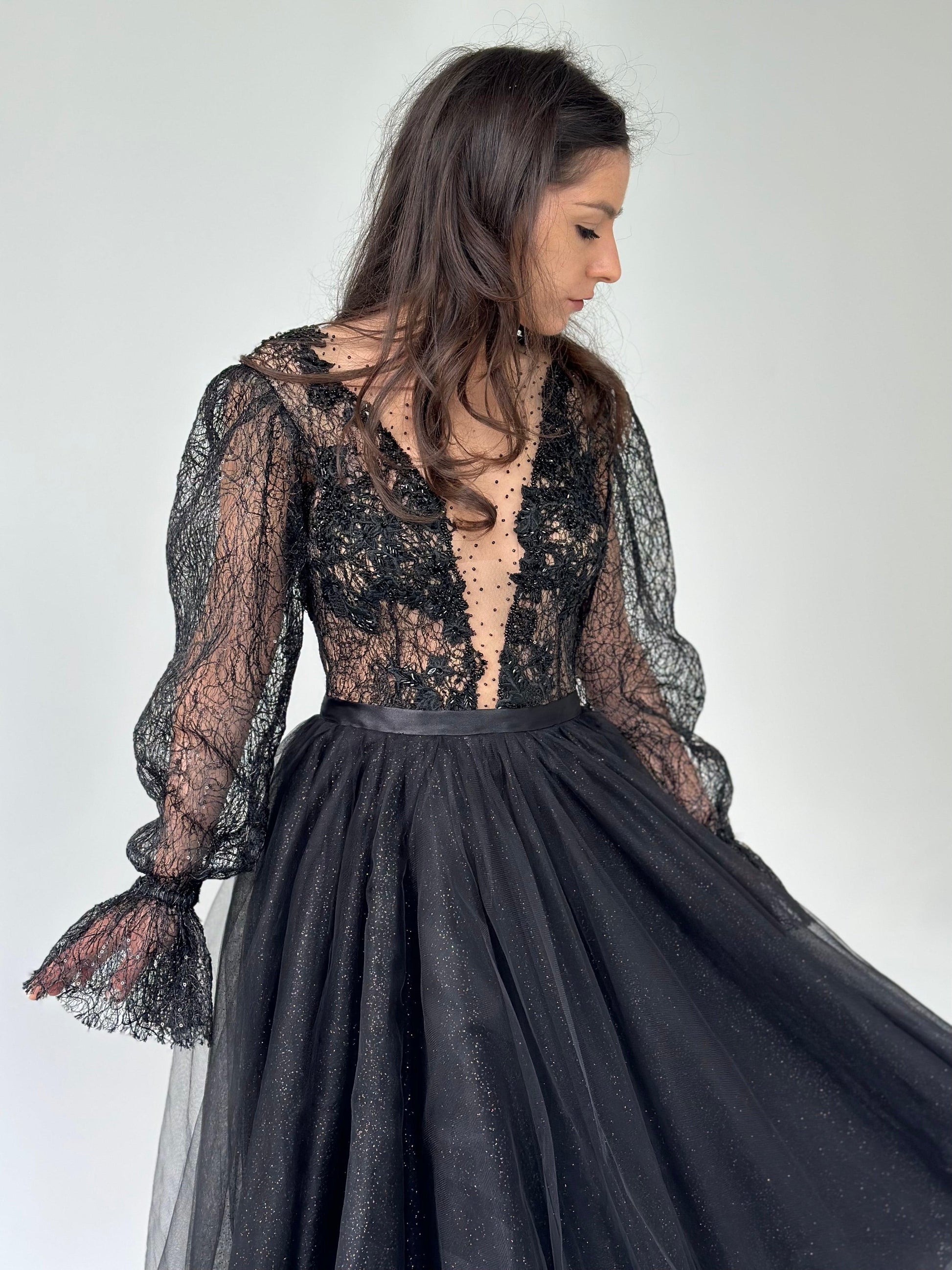 Black Lace Gown with Long Sleeves - Dresses Dioma