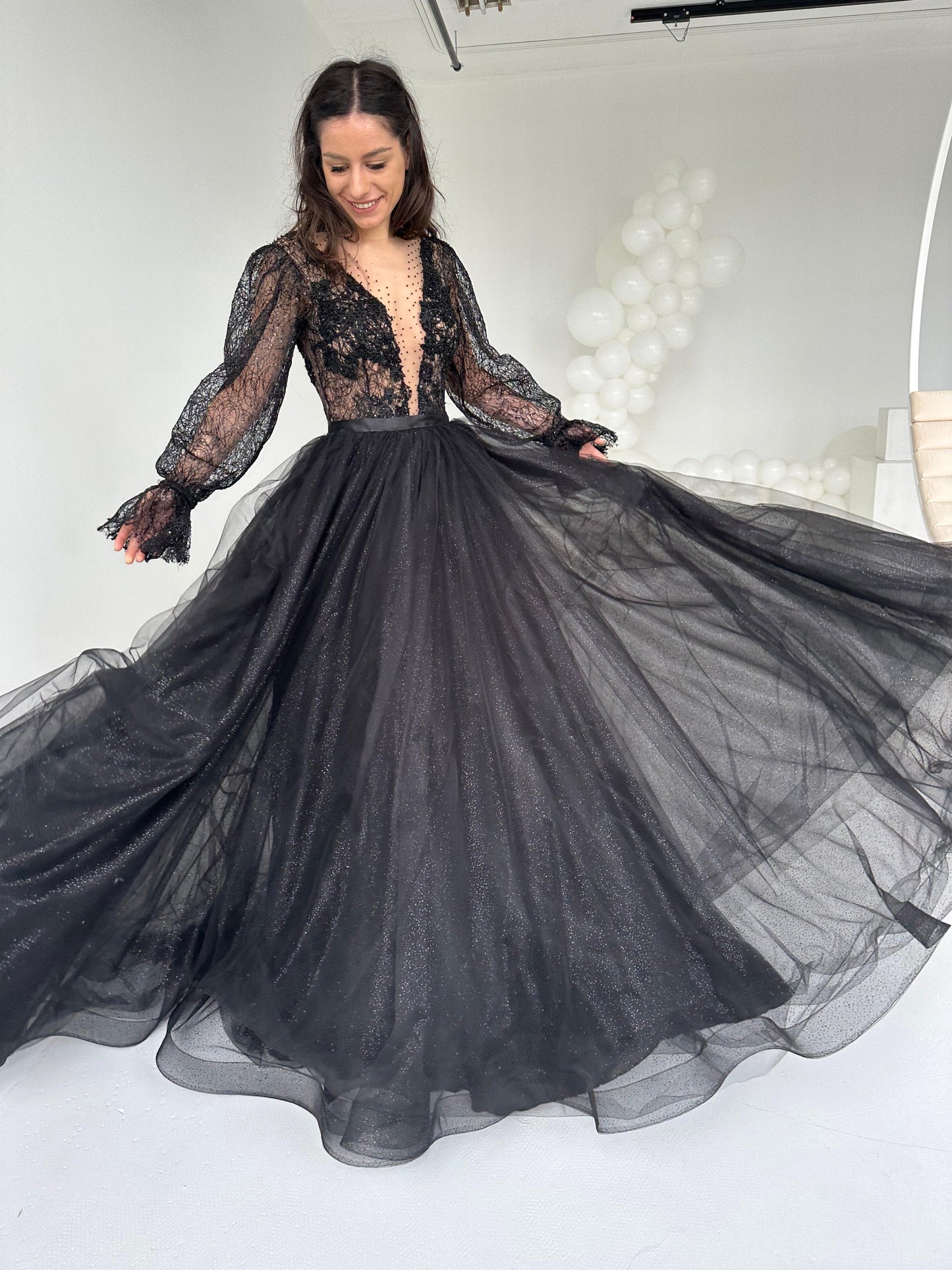 Black Lace Gown with Long Sleeves - In Stock - Dresses Dioma