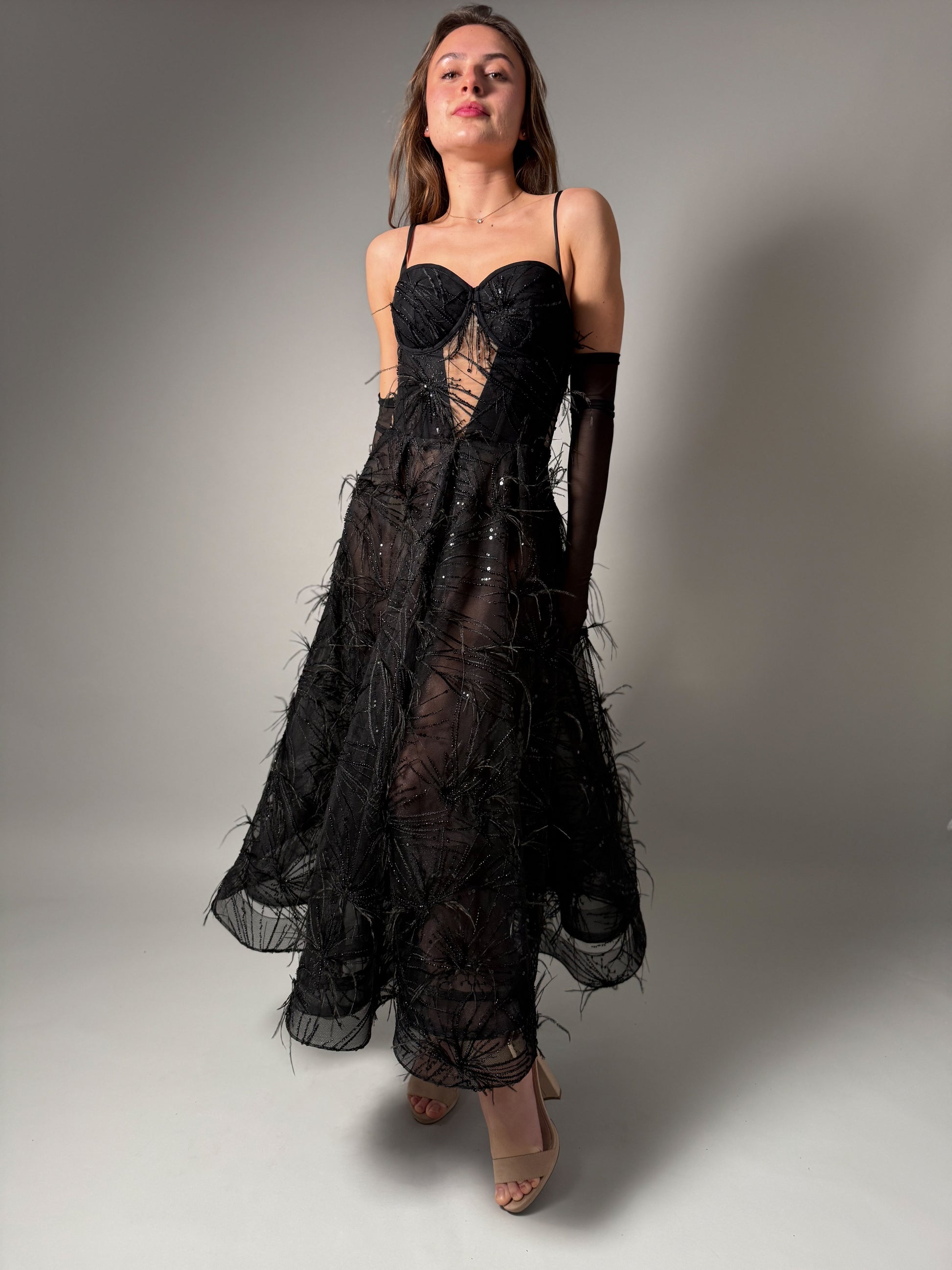 Black Elegant Couture Gown A-Line Midi with Ostrich Feathers - Dresses Dioma