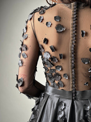 Floral Black Gothic Gown A-line with Long Sleeves