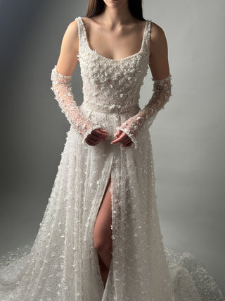 Floral Lace Modern Square Neck Wedding Gown Open Back