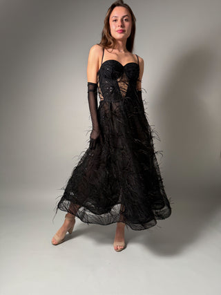 Black Elegant Couture Gown A-Line Midi with Ostrich Feathers - Dresses Dioma