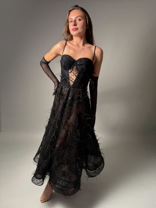 Black Elegant Couture Gown A-Line Midi with Ostrich Feathers - Dresses Dioma