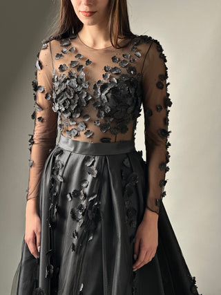 Floral Black Gothic Gown A-line with Long Sleeves