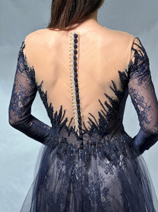 Unique Blue Lace Gown with Long Sleeves - Dresses Dioma