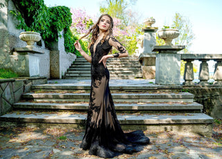 Black Lace Gown with Open Back and Long Sleeves - Dresses Dioma