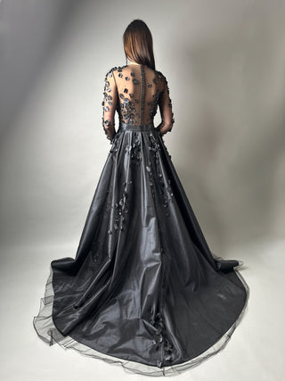 Floral Black Gothic Gown A-line with Long Sleeves