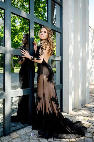 Black Lace Gown with Open Back and Long Sleeves - Dresses Dioma