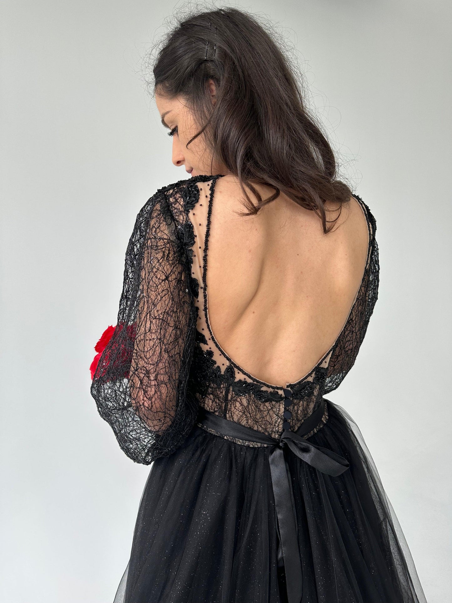 Black Lace Gown with Long Sleeves - In Stock - Dresses Dioma