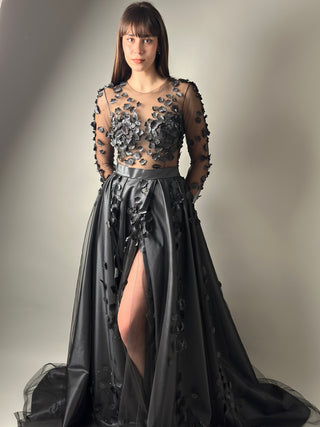 Floral Black Gothic Gown A-line with Long Sleeves