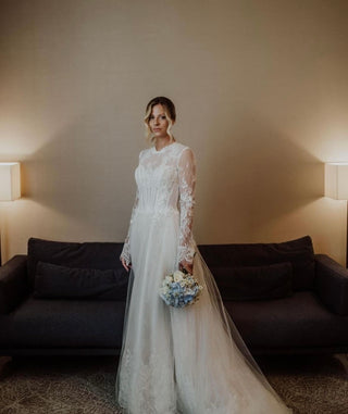 Turtleneck Floral Lace Tulle Gown - Dresses Dioma