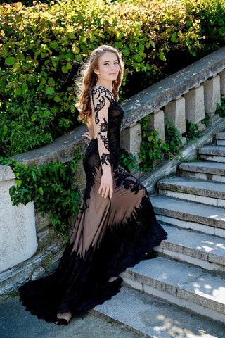 Black Lace Gown with Open Back and Long Sleeves - Dresses Dioma