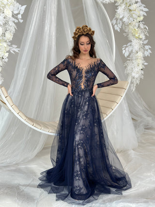 Unique Blue Lace Gown with Long Sleeves - Dresses Dioma