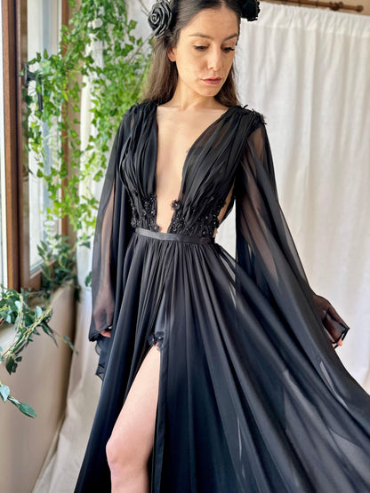 Black Gothic Witchy Gown with long sleeves - Dresses Dioma