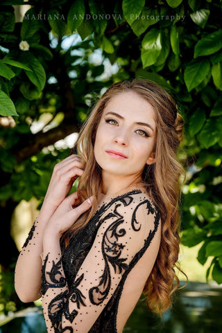 Black Lace Gown with Open Back and Long Sleeves - Dresses Dioma
