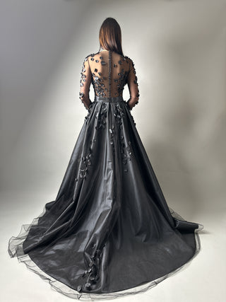 Floral Black Gothic Gown A-line with Long Sleeves