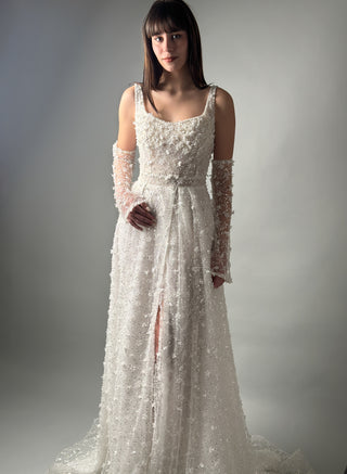 Floral Lace Modern Square Neck Wedding Gown Open Back