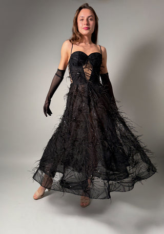 Black Elegant Couture Gown A-Line Midi with Ostrich Feathers - Dresses Dioma