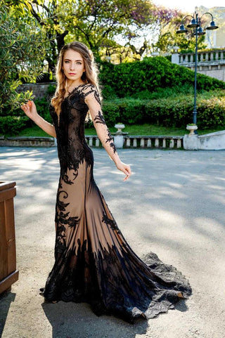Black Lace Gown with Open Back and Long Sleeves - Dresses Dioma