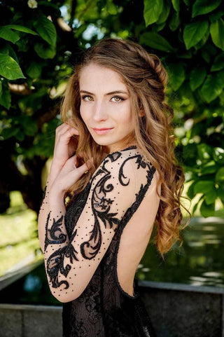 Black Lace Gown with Open Back and Long Sleeves - Dresses Dioma