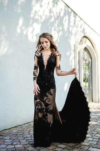 Black Lace Gown with Open Back and Long Sleeves - Dresses Dioma