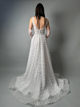 Floral Lace Modern Square Neck Wedding Gown Open Back