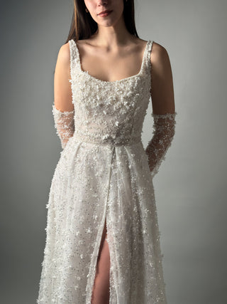 Floral Lace Modern Square Neck Wedding Gown Open Back