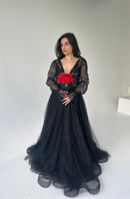 Black Lace Gown with Long Sleeves - In Stock - Dresses Dioma