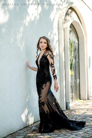 Black Lace Gown with Open Back and Long Sleeves - Dresses Dioma