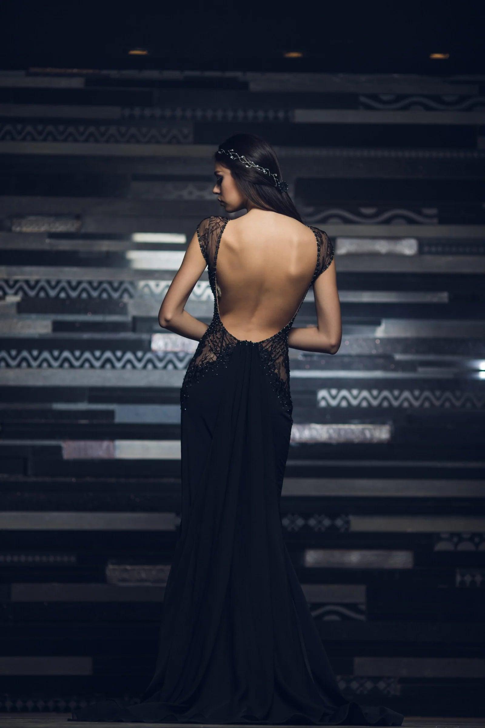 Black Lace Mermaid Gown Open Back - Dresses Dioma