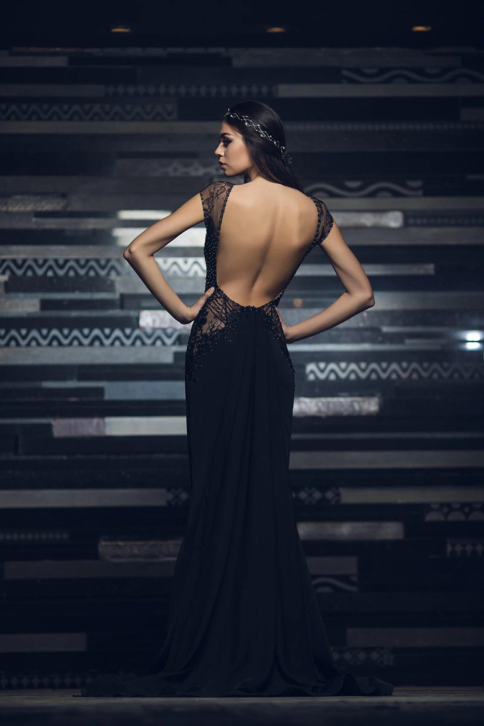 Black Lace Mermaid Gown Open Back - Dresses Dioma