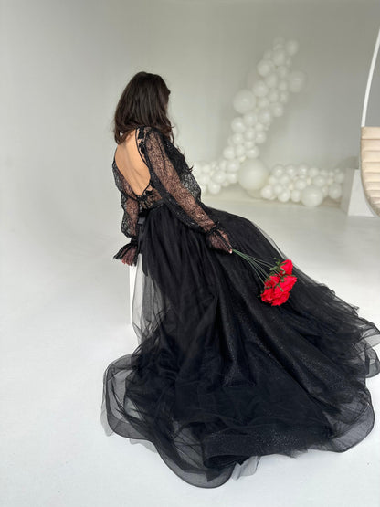 Black Lace Gown with Long Sleeves - In Stock - Dresses Dioma