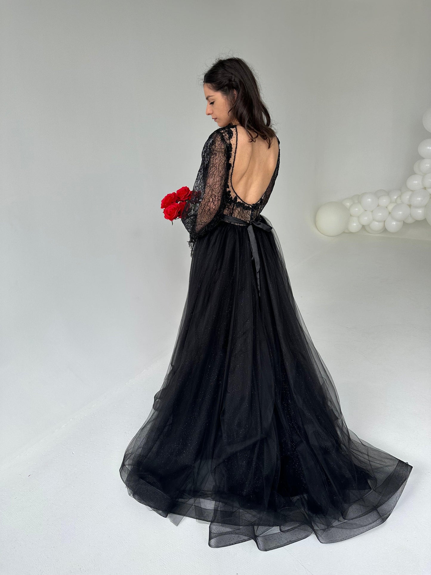 Black Lace Gown with Long Sleeves - In Stock - Dresses Dioma