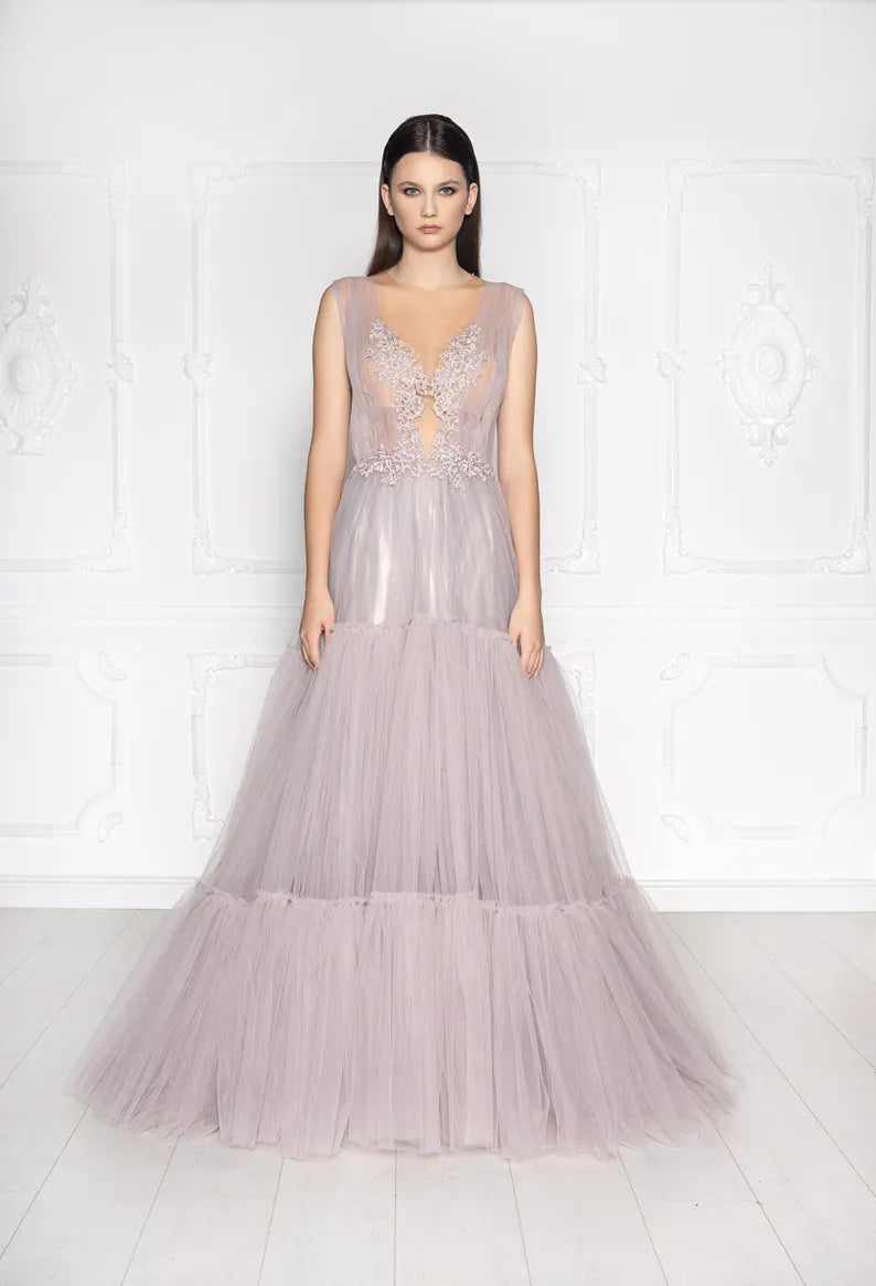 Lavender Tiered Tulle A-line Gown