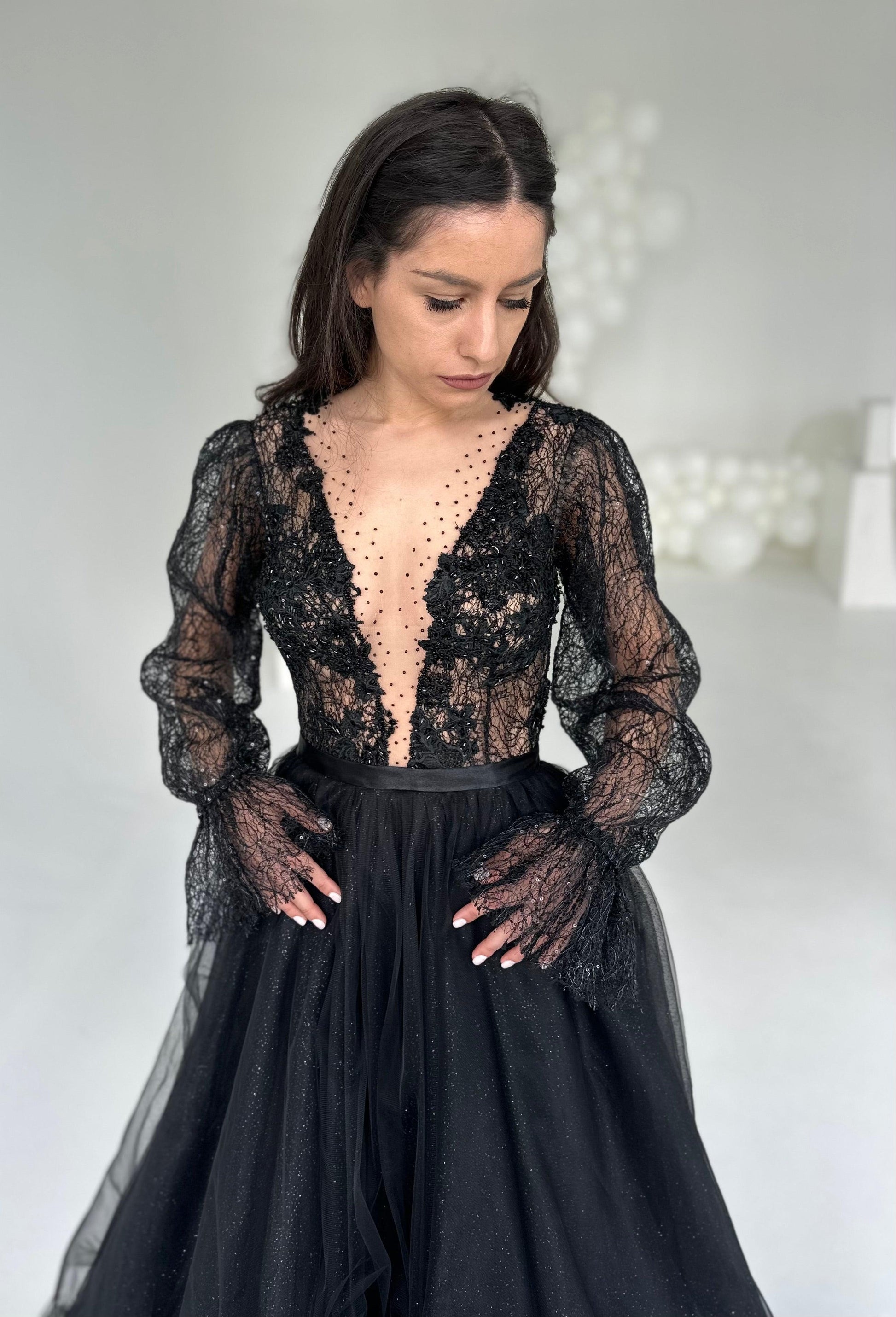 Black Lace Gown with Long Sleeves - In Stock - Dresses Dioma