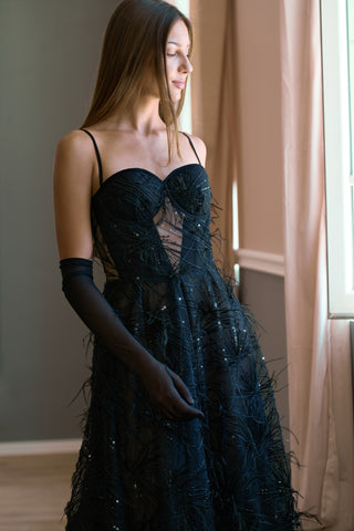 Black Elegant Couture Gown A-Line Midi with Ostrich Feathers