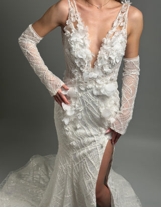Floral Modern Deep V Mermaid Wedding Gown Open Back - Dresses Dioma